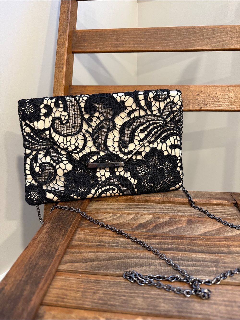 INC International Concepts Black Lace Envelope Clutch Crossbody Evening Bag